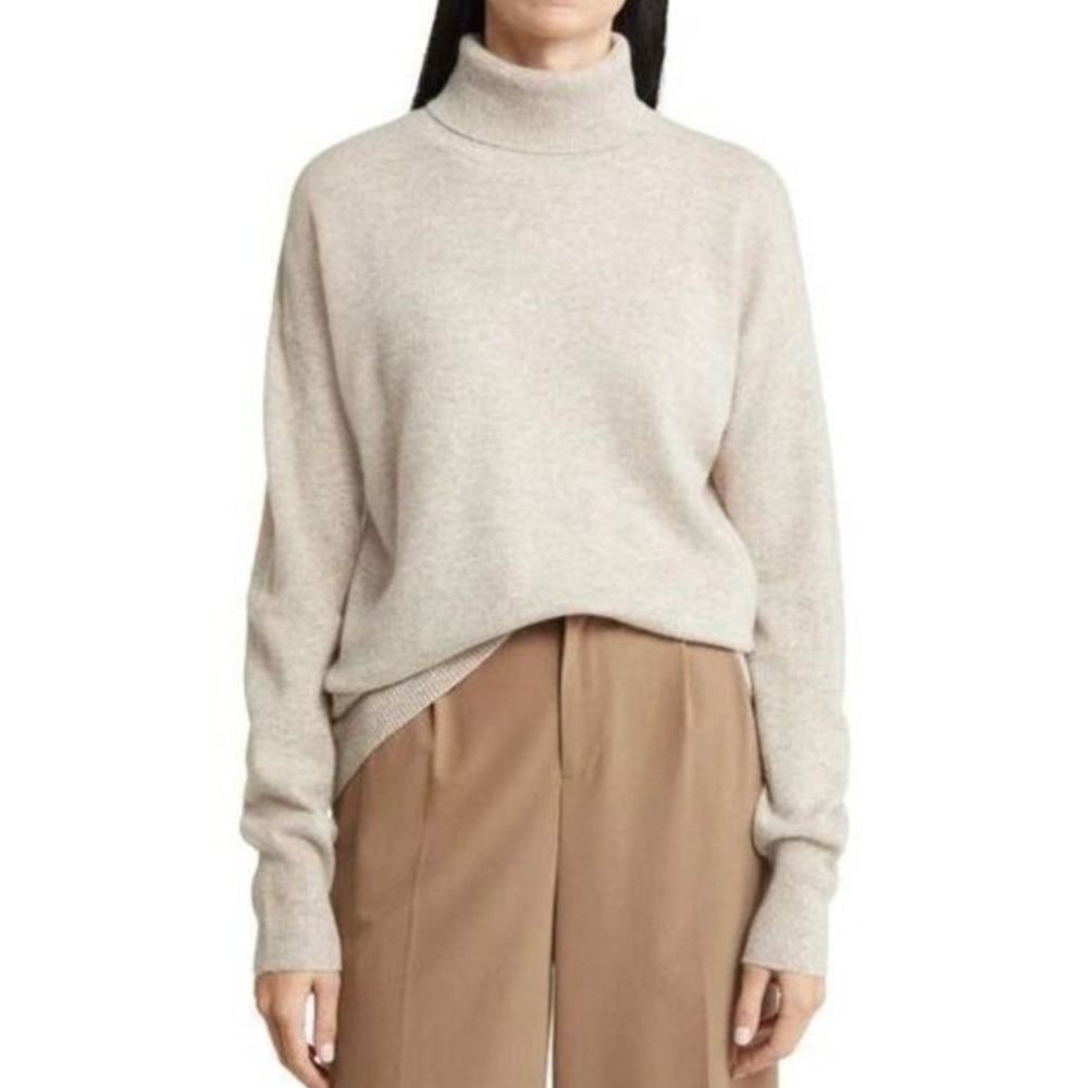 Nordstrom 100% Cashmere Turtleneck Sweater Neutral Heathered Hummus XL Cozy